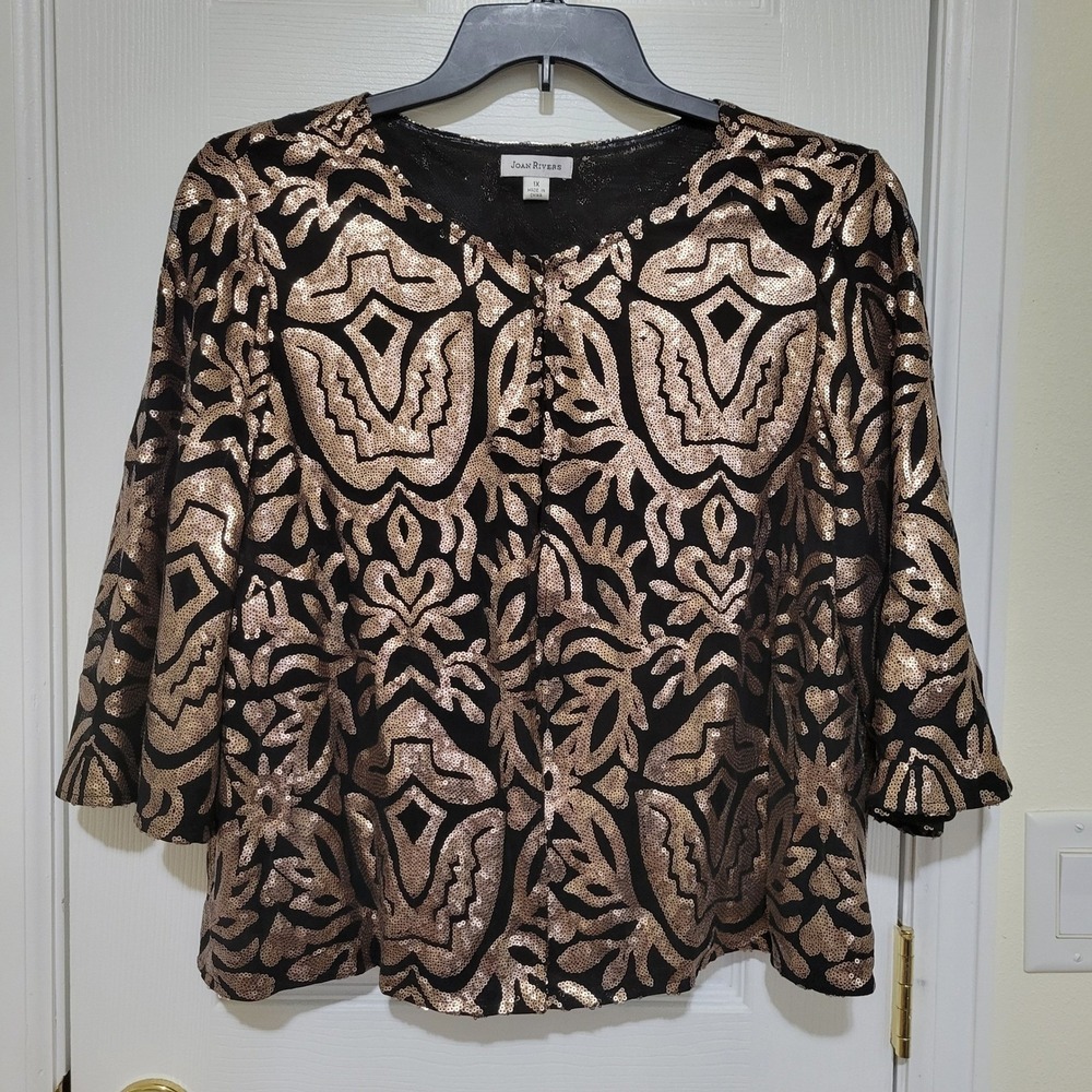 Joan Rivers Womens 1X Gold Sequin Damask Mesh Jacket Black 3/4 Sleeve Evening